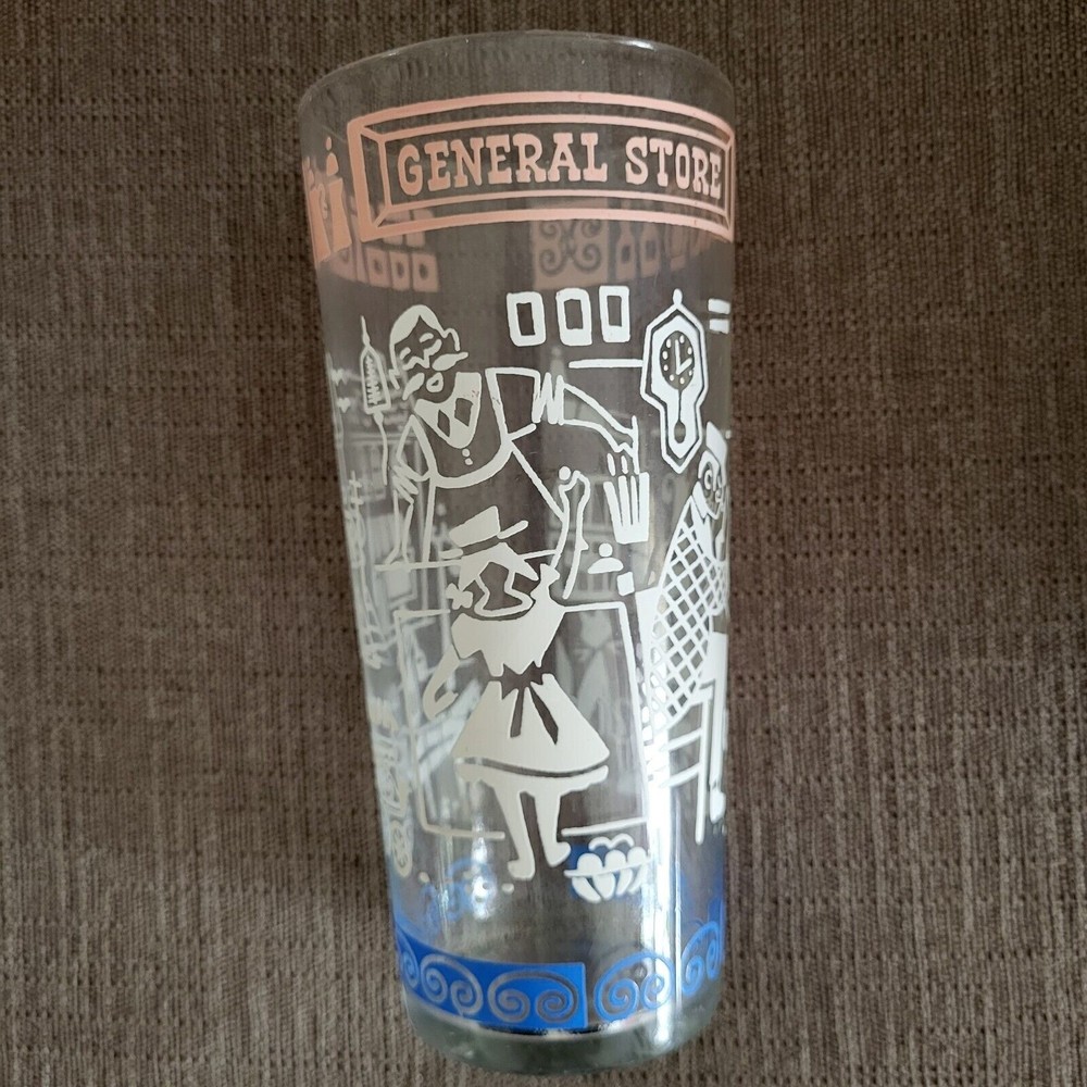 Vintage General Store Drinking Glass Embossed Pink White Blue Mid Century